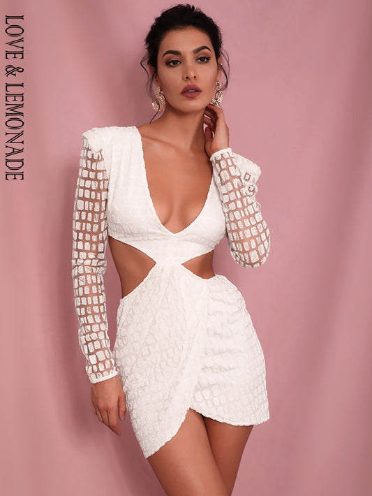 LOVE&amp;LEMONADE Sexy White Deep V-neck Open back Cross glitter glued Material Slim Fit Party Dress LM82065