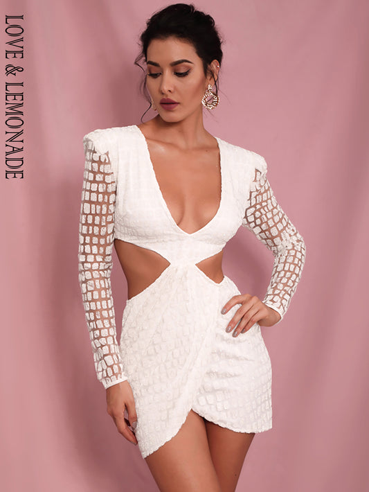 LOVE&amp;LEMONADE Sexy White Deep V-neck Open back Cross glitter glued Material Slim Fit Party Dress LM82065