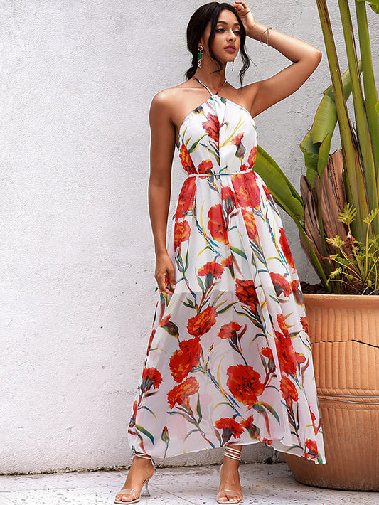 LOVE&amp;LEMONADE Sexy White Floral Chiffon Print Halter Neck A-Line Beach Maxi Dress LM83437