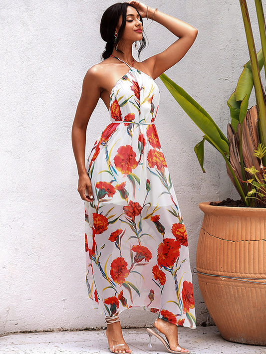 LOVE&amp;LEMONADE Sexy White Floral Chiffon Print Halter Neck A-Line Beach Maxi Dress LM83437