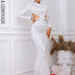 LOVE&amp;LEMONADE Sexy White Geometric Elements Long Sleeve Skinny Mermaid Party Dress LM83863