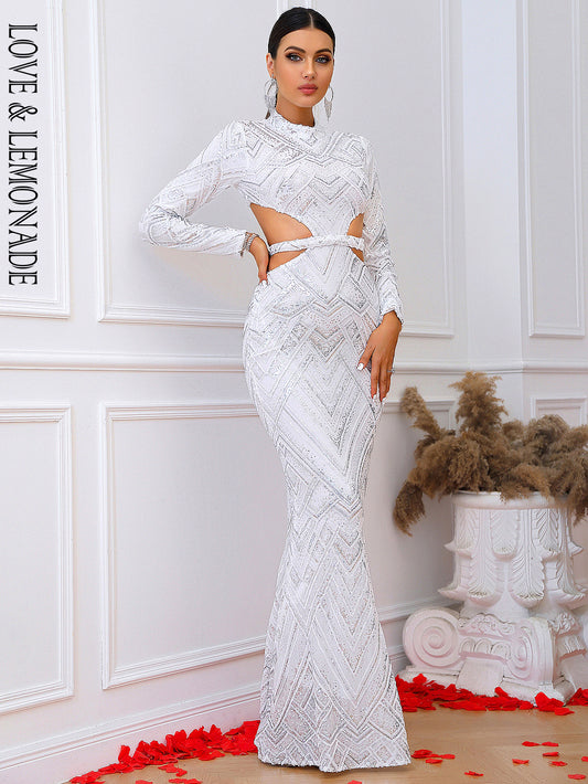 LOVE&amp;LEMONADE Sexy White Geometric Elements Long Sleeve Skinny Mermaid Party Dress LM83863