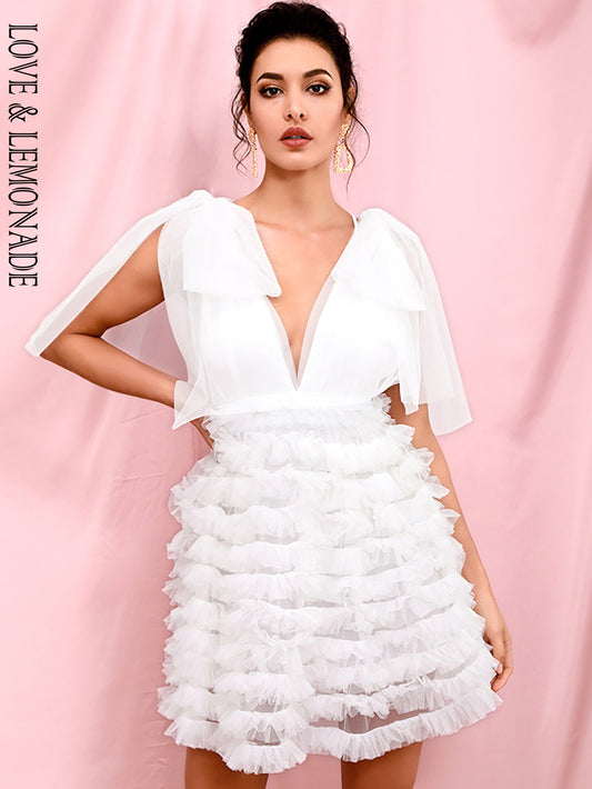 LOVE &amp; LEMONADE Sexy White Mesh Deep V-neck Stacked Ruffled Puff Open Back Mini Party Dress LM82389