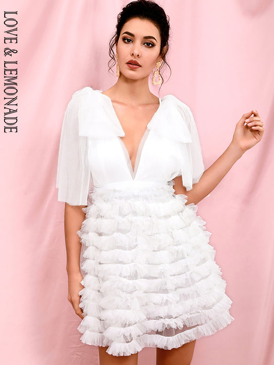 LOVE &amp; LEMONADE Sexy White Mesh Deep V-neck Stacked Ruffled Puff Open Back Mini Party Dress LM82389