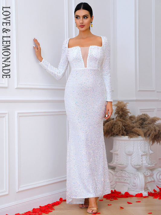 LOVE&amp;LEMONADE Sexy White Square Collar Bodycon Long Sleeve Sequin Prom Maxi Dress LM83807