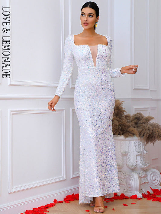 LOVE&amp;LEMONADE Sexy White Square Collar Bodycon Long Sleeve Sequin Prom Maxi Dress LM83807