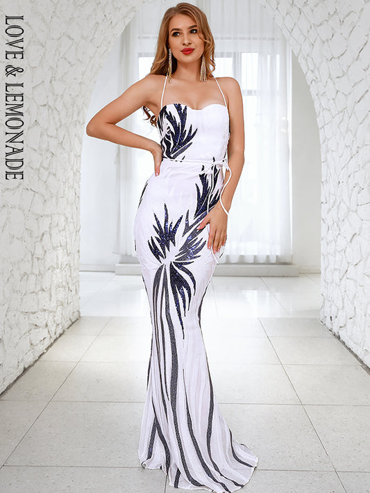 LOVE&amp;LEMONADE Sexy White Strapless Sleeveless Geometric Mesh Party Maxi Dress LM83129