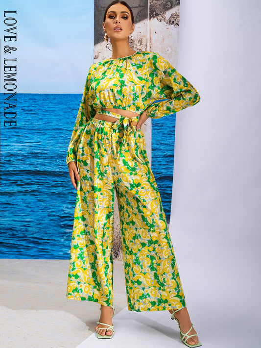 LOVE&amp;LEMONADE Sexy Yellow Crew Neck Stretch Skinny Long Sleeve Printed Flared Jumpsuit Party Two Piece LM83527-YELLOW