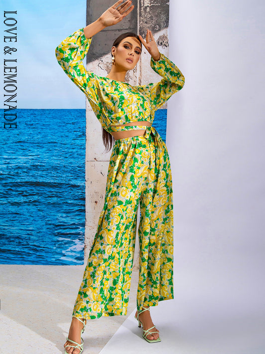 LOVE&amp;LEMONADE Sexy Yellow Crew Neck Stretch Skinny Long Sleeve Printed Flared Jumpsuit Party Two Piece LM83527-YELLOW