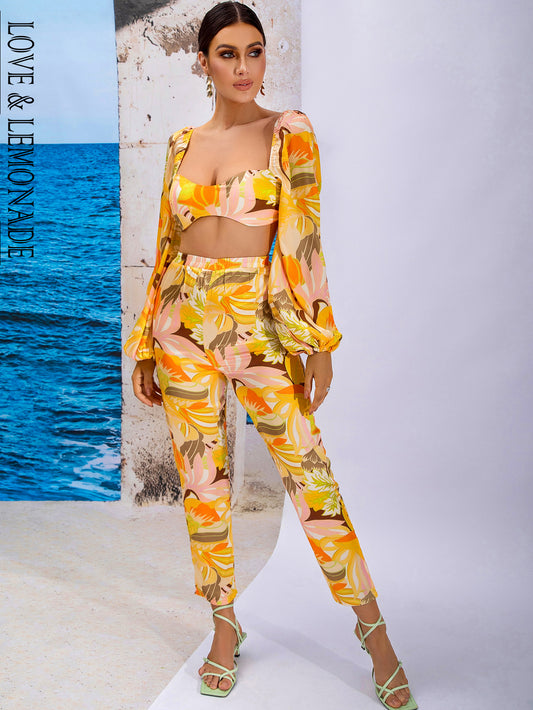 LOVE&amp;LEMONADE Sexy Yellow Cutout Square Neck Puff Sleeve Geometric Print Straight Two-Piece Set LM83676-YELLOW