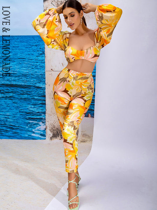 LOVE&amp;LEMONADE Sexy Yellow Cutout Square Neck Puff Sleeve Geometric Print Straight Two-Piece Set LM83676-YELLOW