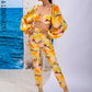 LOVE&amp;LEMONADE Sexy Yellow Cutout Square Neck Puff Sleeve Geometric Print Straight Two-Piece Set LM83676-YELLOW