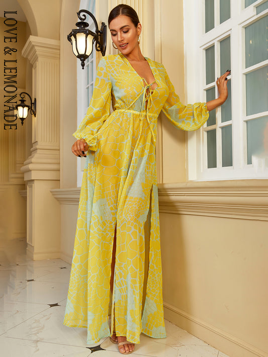 LOVE&amp;LEMONADE Sexy Yellow Deep V Neck Long Sleeve Tunic Slit Party Long Dress  LM84482