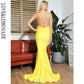 LOVE&amp;LEMONADE Sexy Yellow Deep V-Neck Open Open Back Bodycon Party Elastic Fabric Maxi DressLM81702