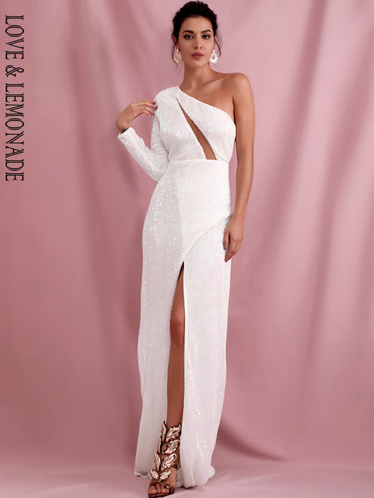 LOVE &amp; LEMONADE Spring White Strapless Single Sleeve Elastic Sequin Split Party Maxi Dress LM82203