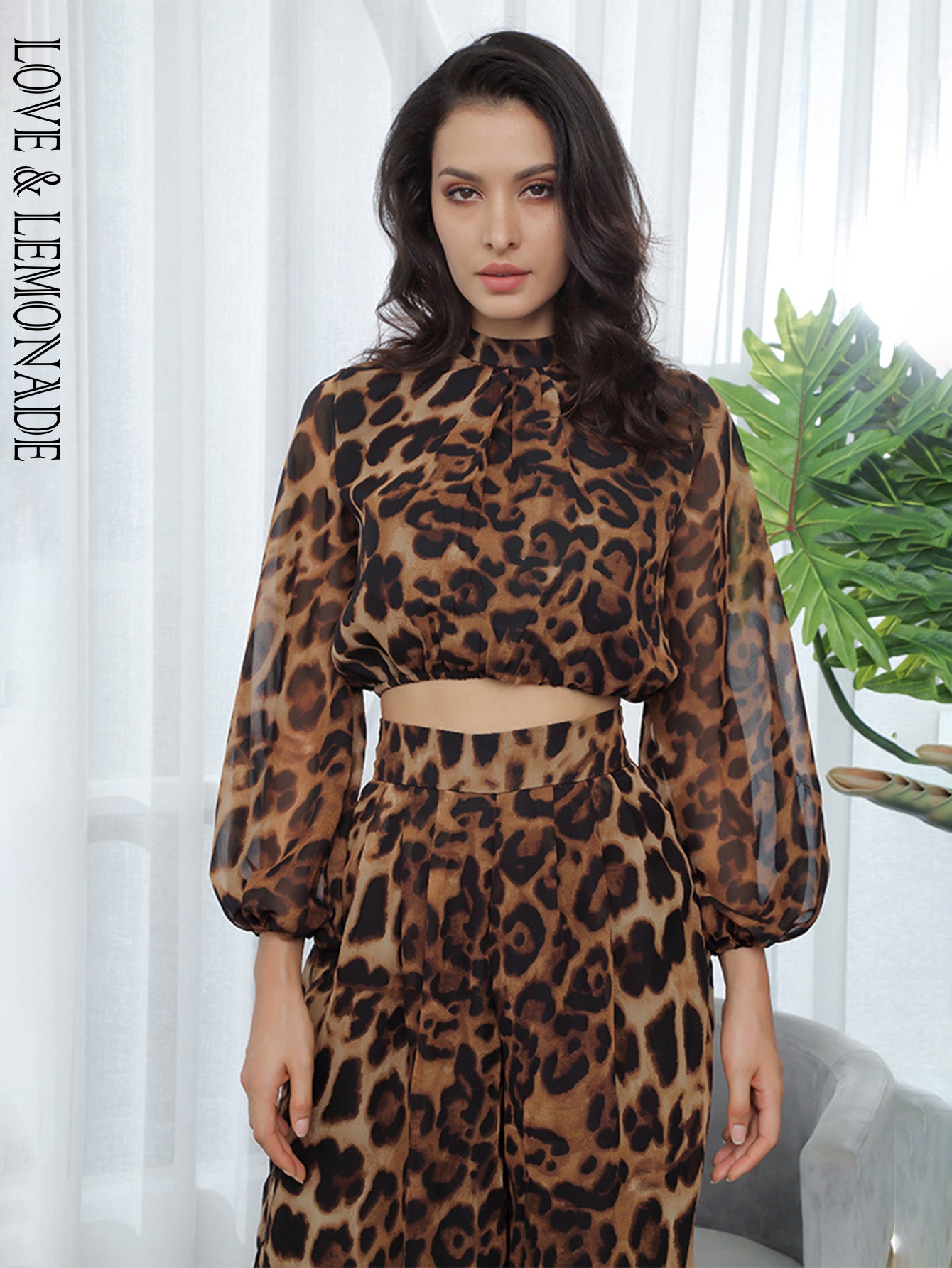 LOVE &amp; LEMONADE  Stand Lantern Sleeve  Leopard Chiffon Blouse  LM81500