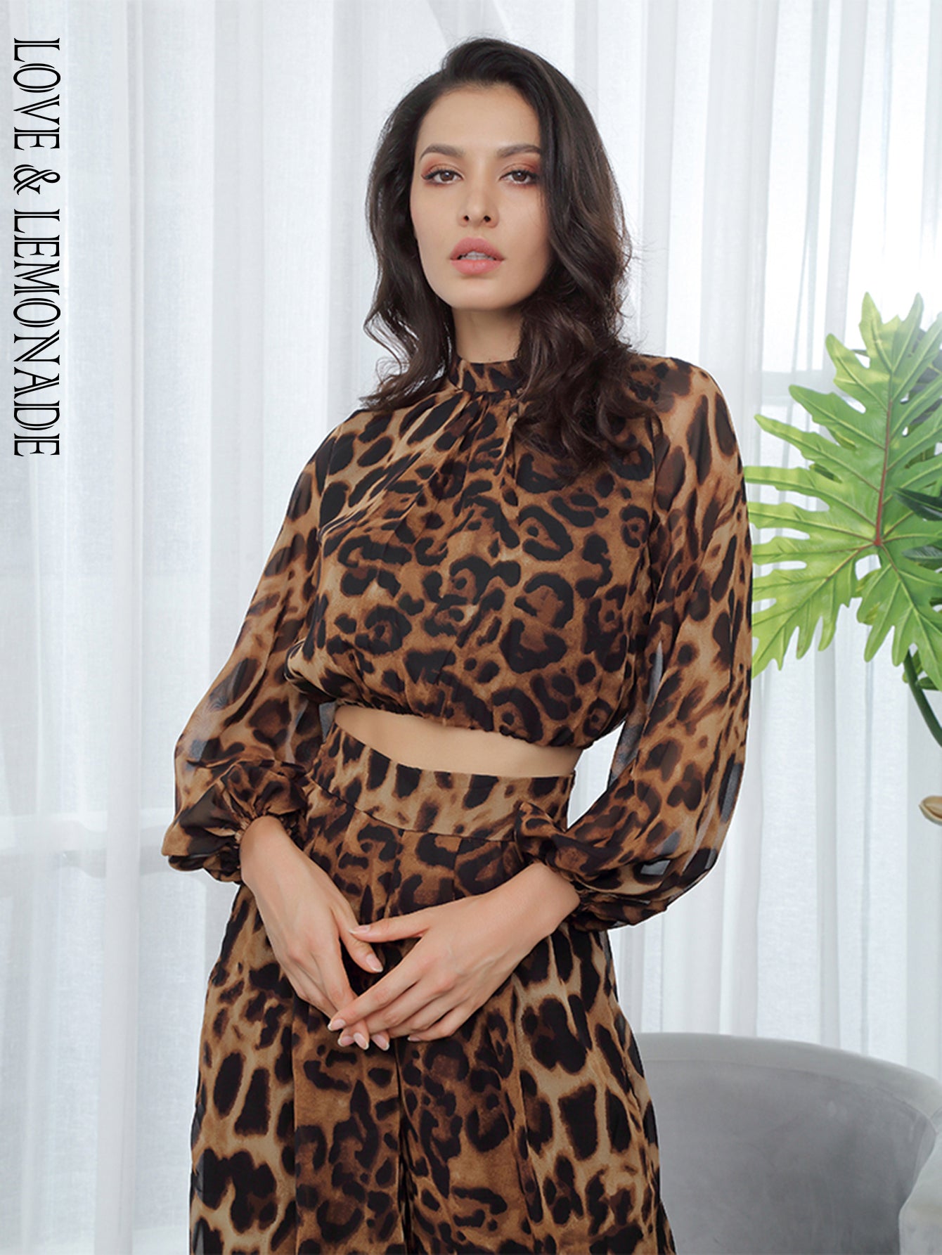 LOVE &amp; LEMONADE  Stand Lantern Sleeve  Leopard Chiffon Blouse  LM81500