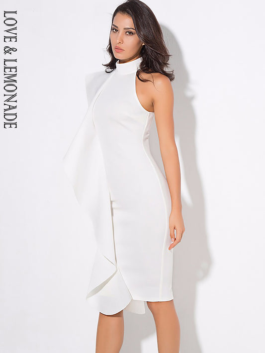 LOVE&amp;LEMONADE  White High Collar Collar Lotus Leaf Slim Party Dress  LM80203