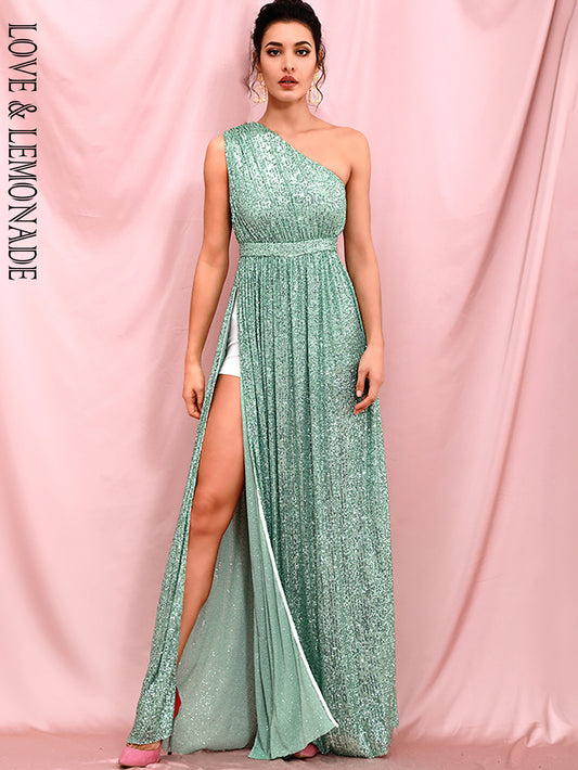 LOVE&amp;LEMONADE sexy light green strapless a-line elastic sequins whit split maxi dress long dress LM82406