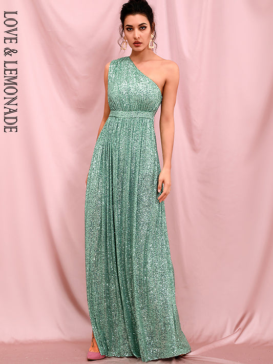 LOVE&amp;LEMONADE sexy light green strapless a-line elastic sequins whit split maxi dress long dress LM82406